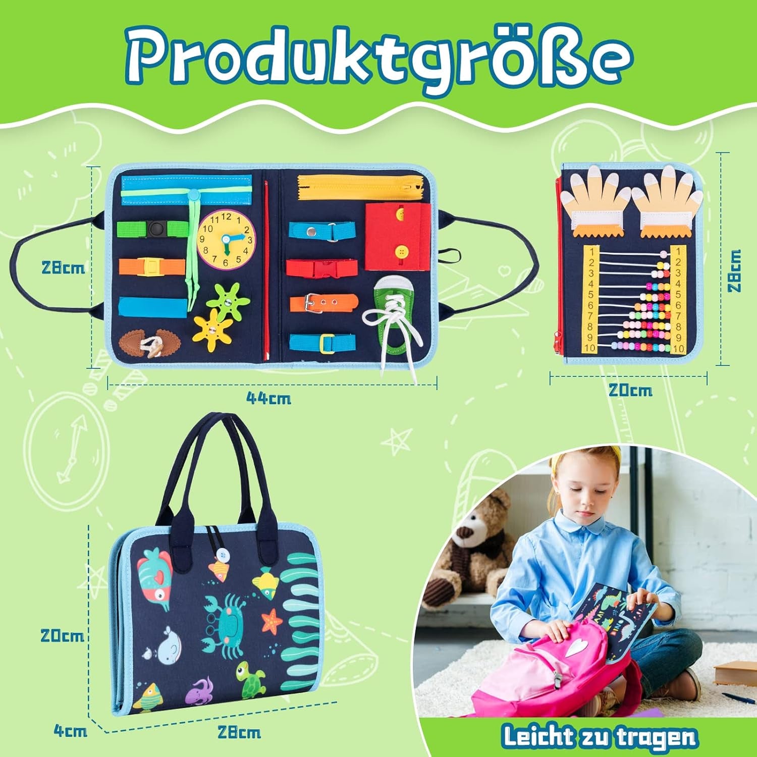 Busy Board, Montessori Spielzeug Für Ab 1 2 3 4 Jahre Kleinkinder Baby Activity Board Quiet Book Autismus Educational Reise Spielzeug Vorschule Learning Count Basis Leben Sensory Board (Blau)